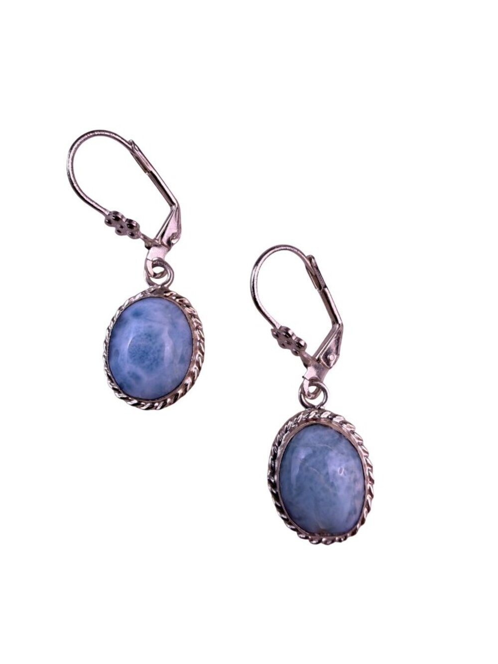 Sterling Silver Womens Blue Larimar Earrings Leverback Cabochon Oval Design